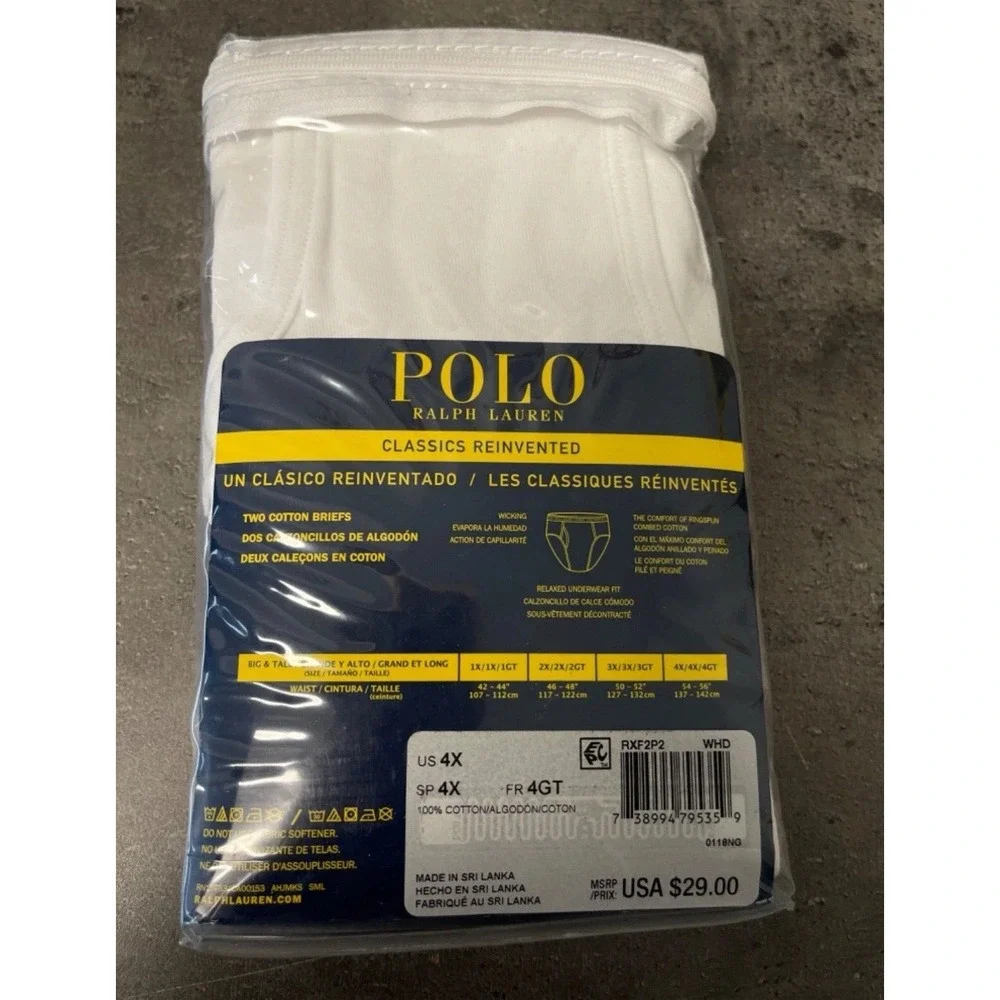 Polo Ralph Lauren Men's Big & Tall Size 4X (54-56) Briefs 2 Pack White Underwear